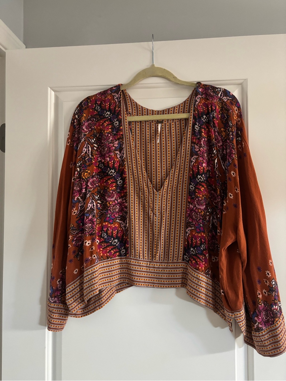 Free People Boho Floral Rust Women's Open Cropped Flowy Top
